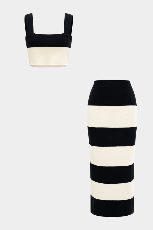 Knit Contrast Tank Top And Skirt Set