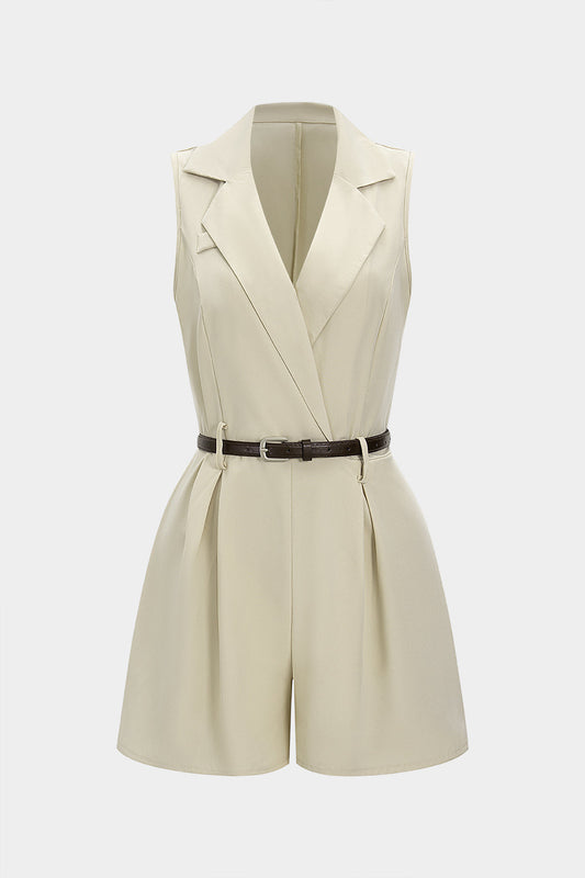 V-Neck Belted Pleated Sleeveless Romper