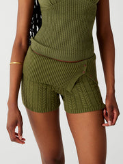 Green Vintage Knitted Button Slit Shorts