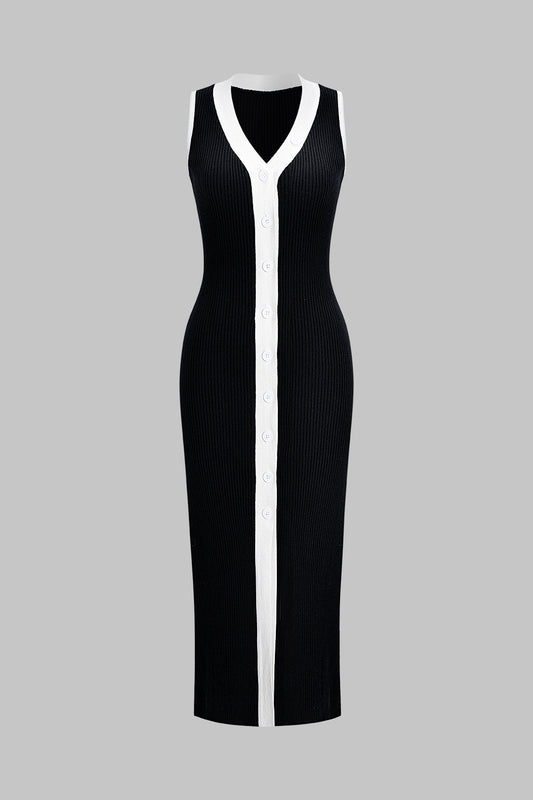 Knit Contrast Button Sleeveless Dress