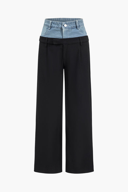 Denim Patchwork Straight Trousers