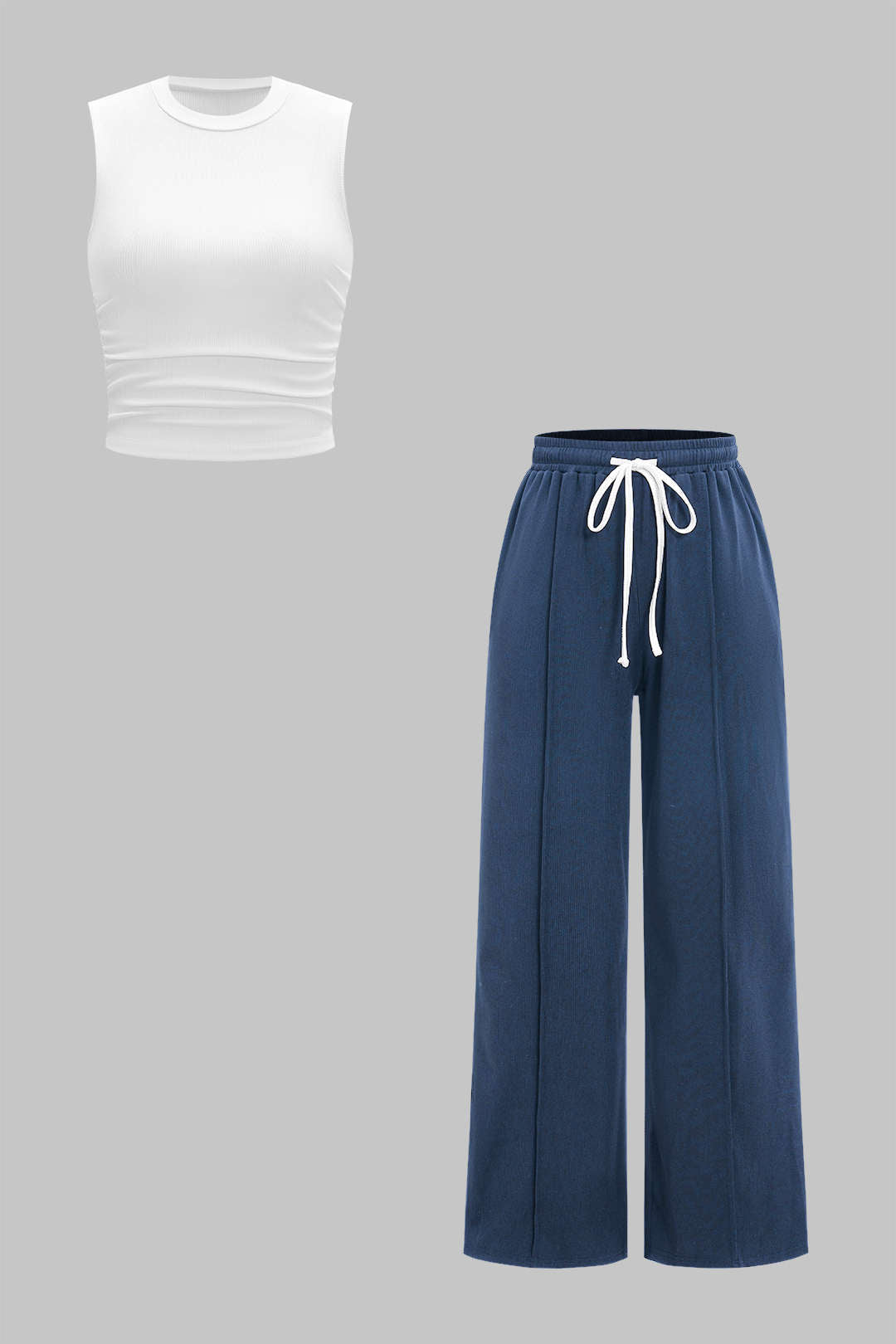 Ruched Tank Top And High Waist Drawstrings Trousers Set