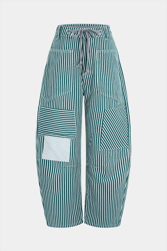 Stripe Print Pocket Drawstring Barrel Trousers