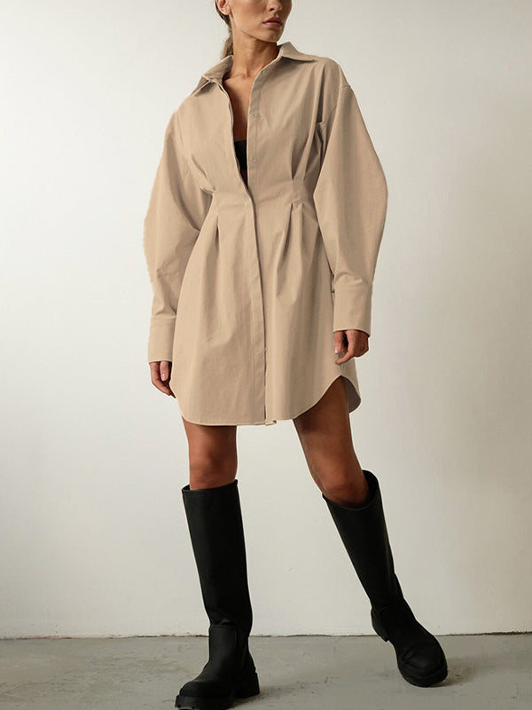 Vintage Fold Pleated Detail Shirt Long Sleeve Mini Dress