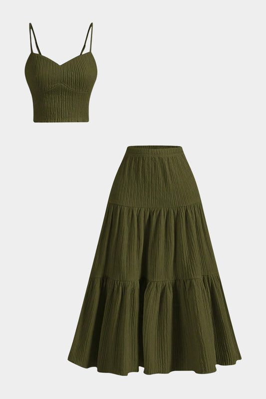 Solid Ruched Cami Top And Pleated Skirt Set