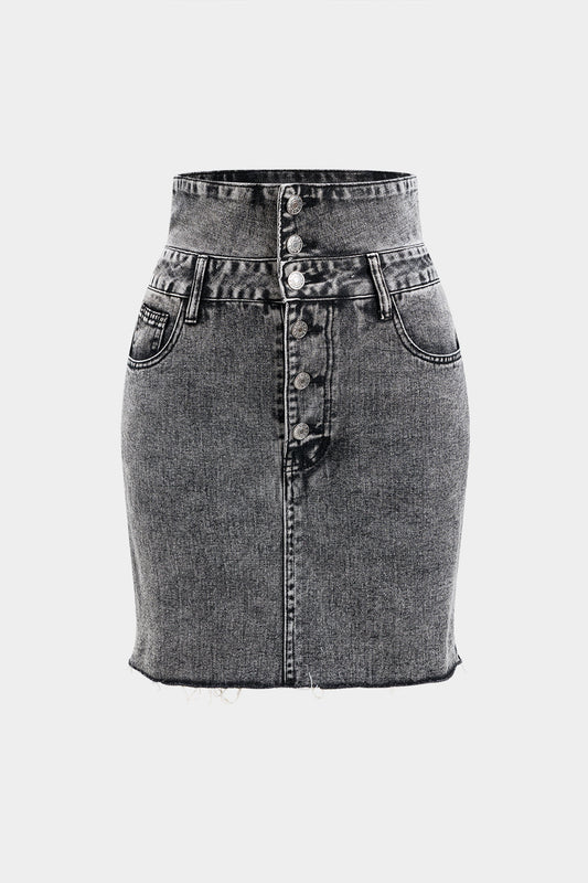 Denim Double Waistband High Waist Skirt