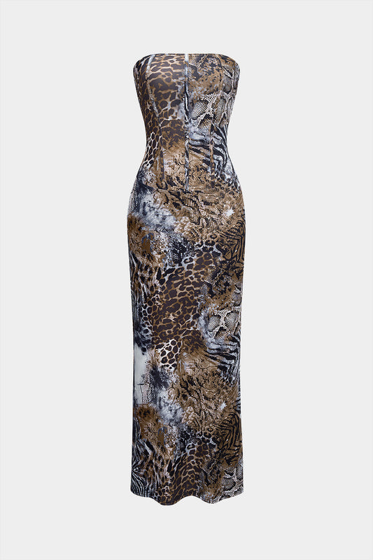 Leopard Print Strapless Corset Waist Sleeveless Maxi Dress