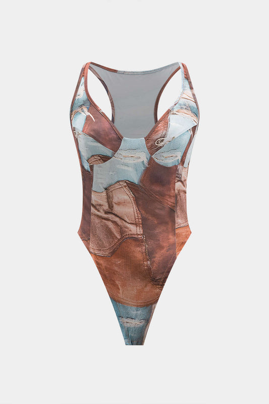 Retro Contrast Print Sleeveless Bodysuit
