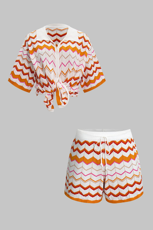 Contrast Knit Top And Drawstring Shorts Set