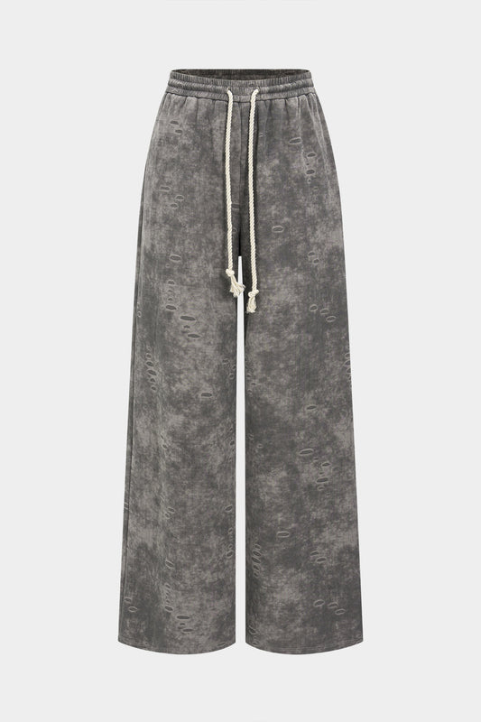 Washed High Waist Tie-Up Wide Leg Trousers