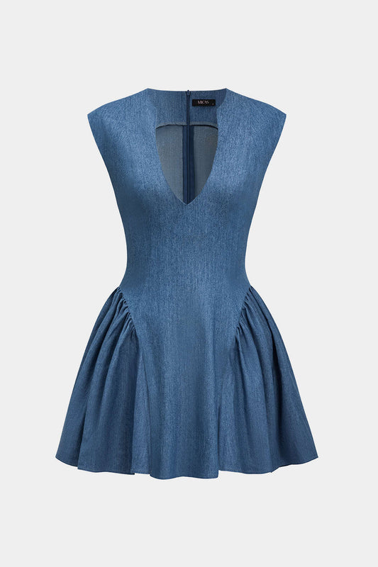 Solid Ruched V-neck Denim Dress