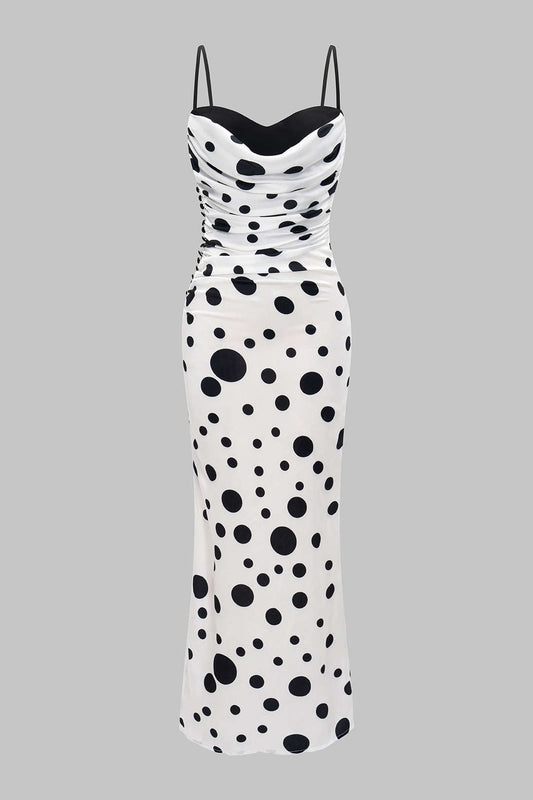 Polka Dots Print Satin Ruched Patchwork Sleeveless Maxi Dress