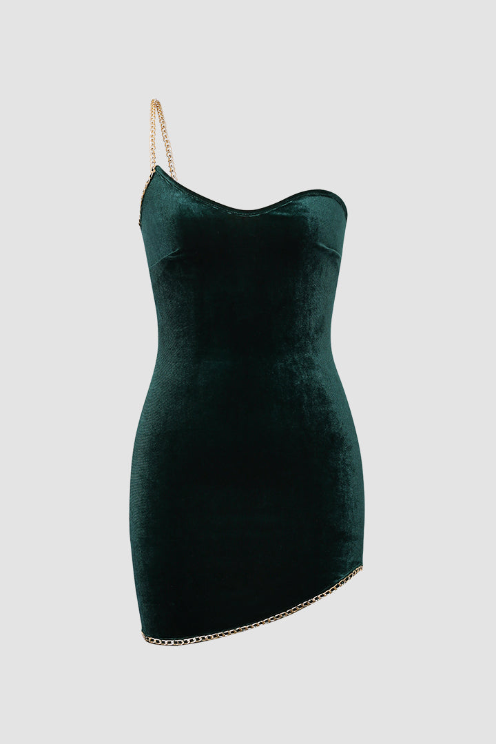 Chain Strap One Shoulder Mini Dress