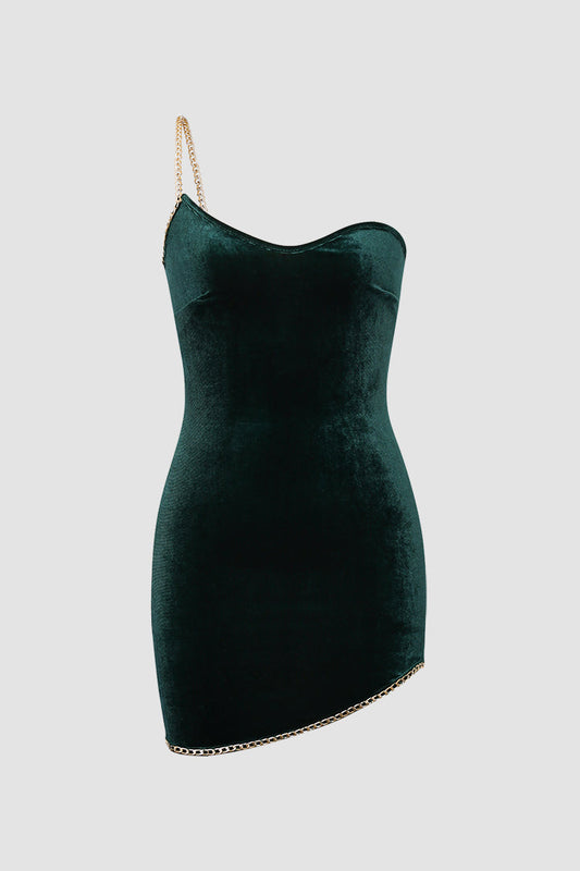 Chain Strap One Shoulder Mini Dress