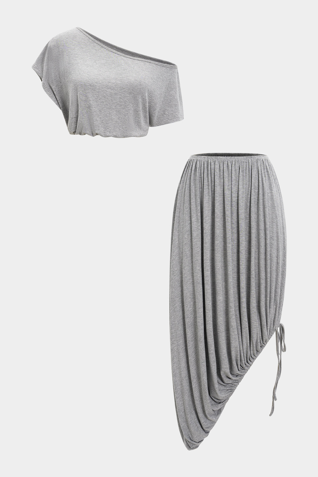Ruched Asymmetrical Neck Short-Sleeve Top And Pleated Drawstring Skirt Set