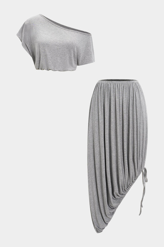 Ruched Asymmetrical Neck Short-Sleeve Top And Pleated Drawstring Skirt Set