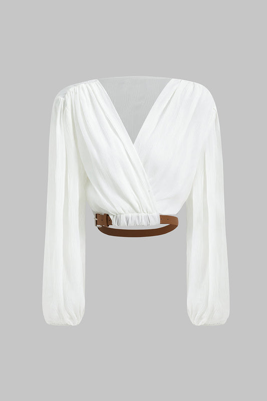 Chiffon V-neck Belted Long-Sleeve Shirt