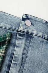 Vintage Asymmetric Check Patchwork Denim Mini Skirt