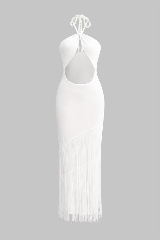 Halter Neck Cut Out Patchwork Fringe  Sleeveless Maxi Dress