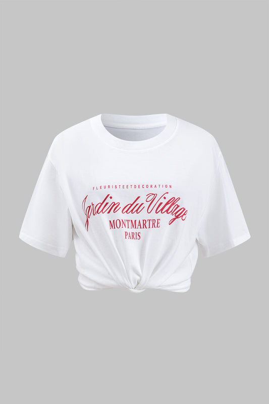 Retro Print Letter Round Neck Short Sleeve T-Shirt