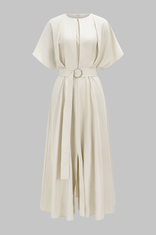Round Neck Belted Ruched Short Sleeve Maxi Dress