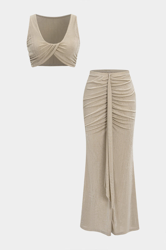 Ruched Twist Knot Tank Top And Pleated Slit Skirt Set