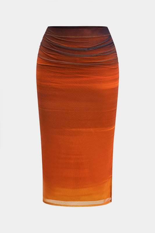 Plus Size Ombre Print Mesh Ruched Skirt
