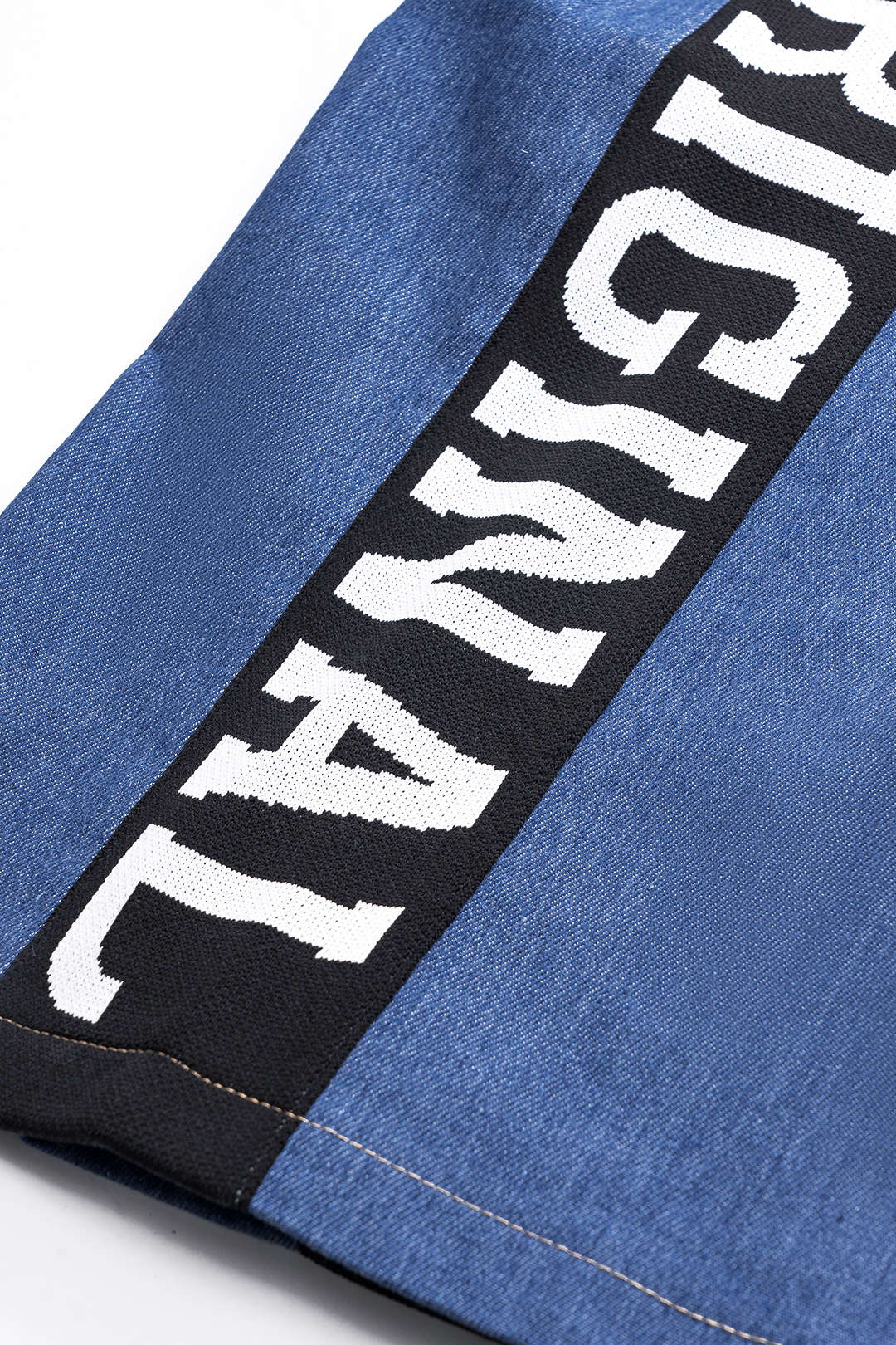 Letter Print Denim Pleated Tie Front Patchwork Wide Leg Trousers