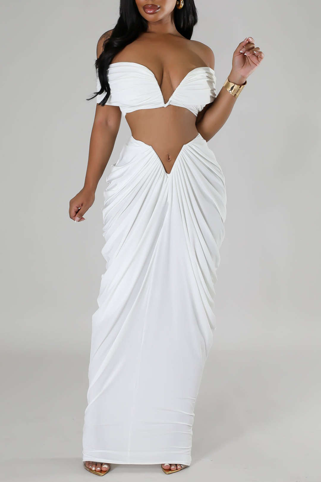 Two Piece Ruched Top & V Shape Cut Waist Maxi Skirt Set