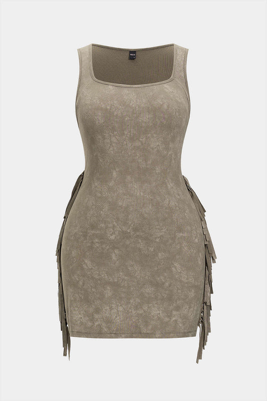 Plus Size Tie Dye Print Fringe Square Neck Sleeveless Mini Dress