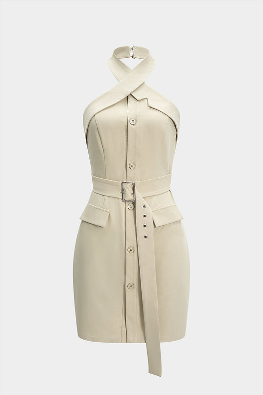 Crossed Halter Neck Belted Backless Sleeveless Mini Dress
