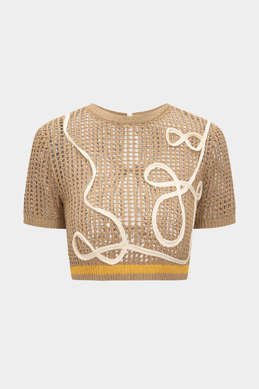 Knit 3D Embroidery Print Contrast Tie Back Short-Sleeve Top