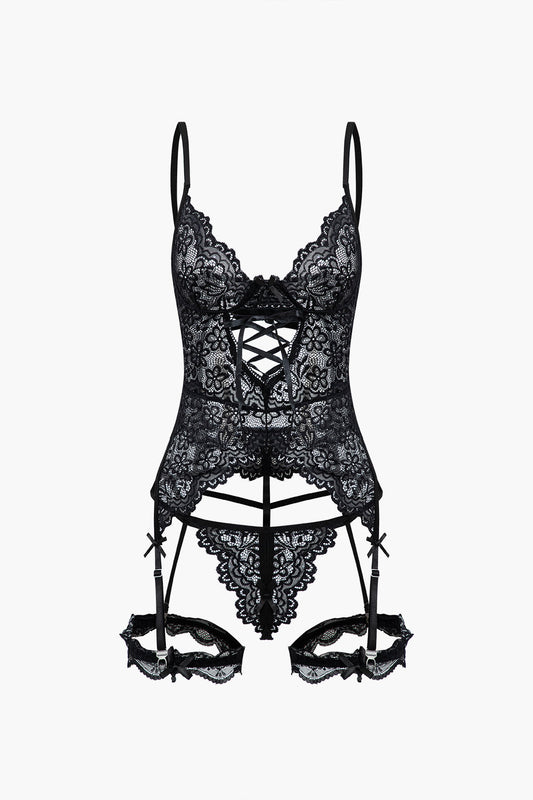 Solid Cut Out Lace Lingerie Garter Set