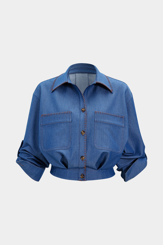 Denim Button Smocked Long Sleeve Shirt