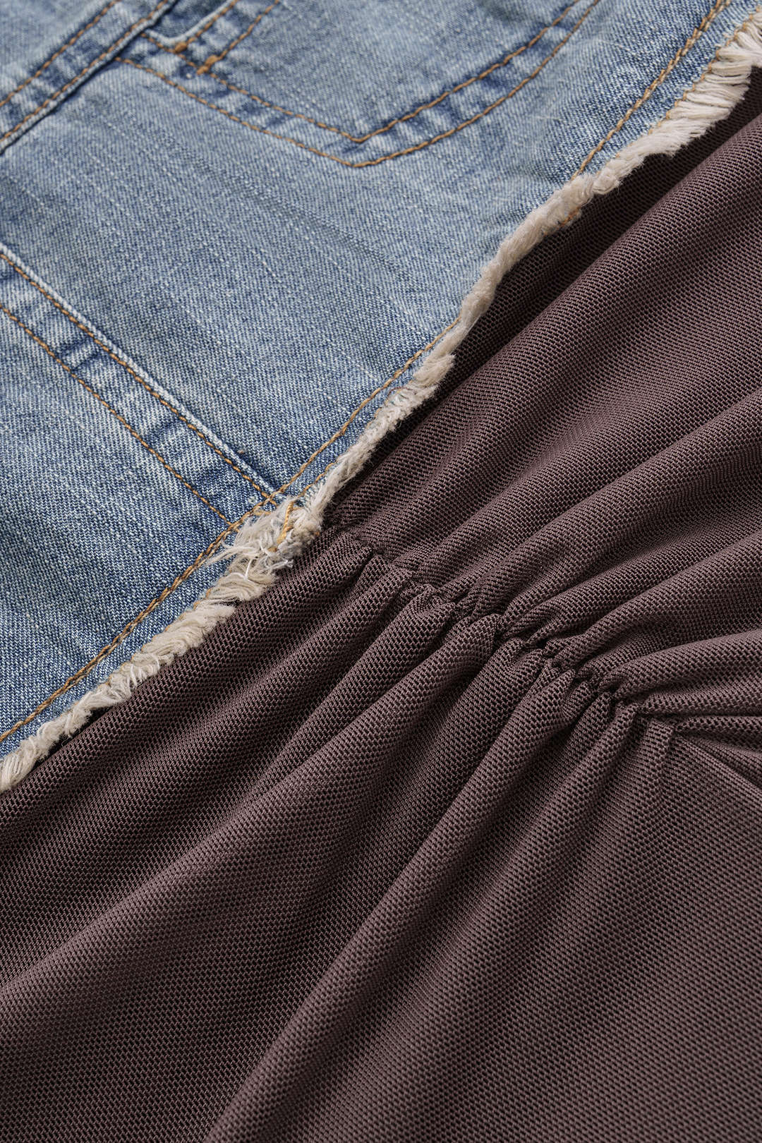 Denim Mesh Patchwork Frayed Ruched Ruffle Slit Skirt