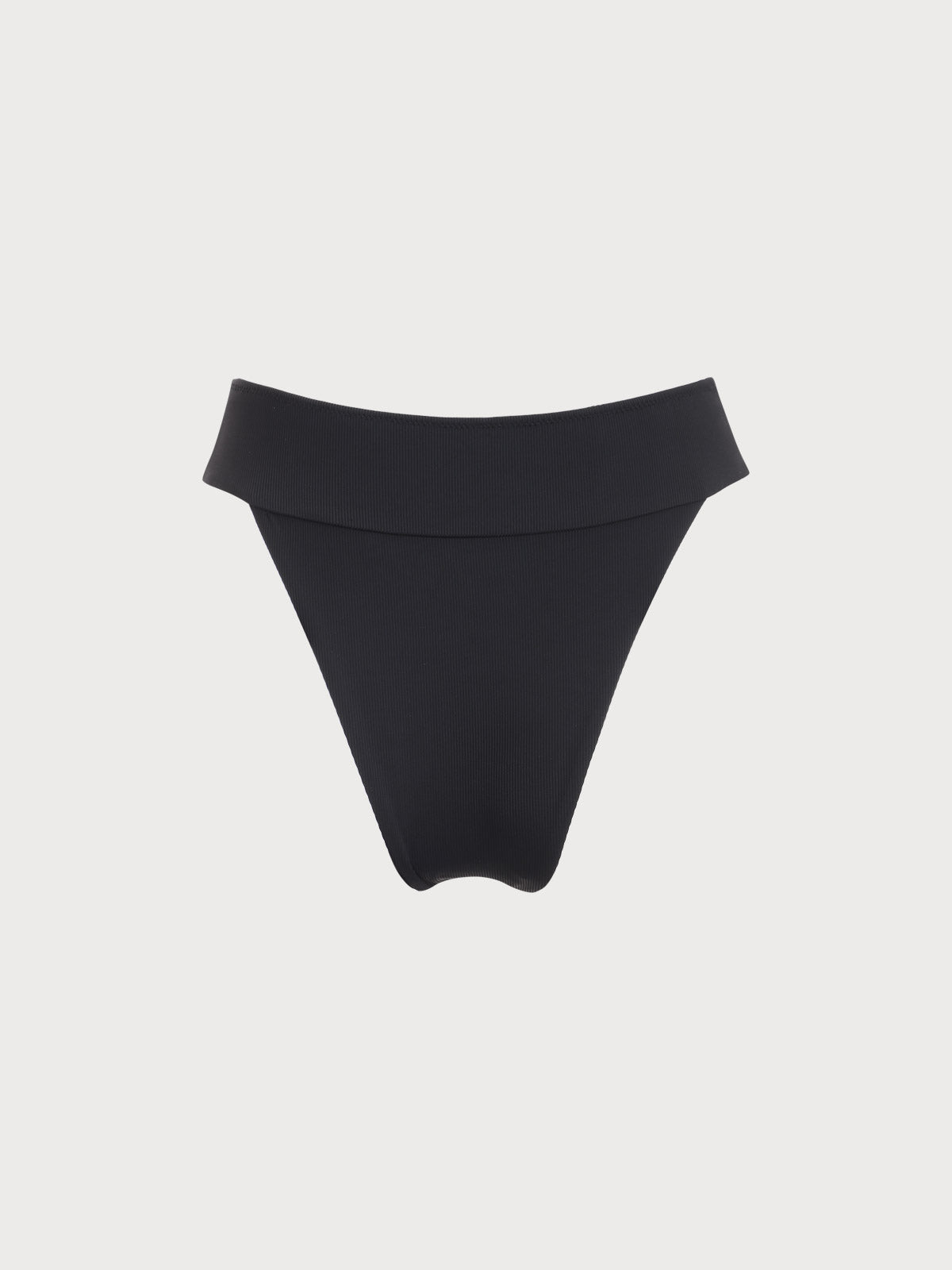 Black Ribbed High Cut Wide Waistband Bikini Bottom