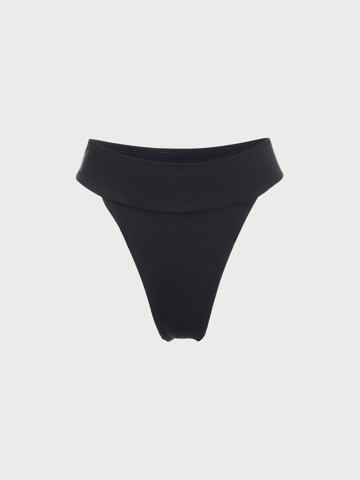 Black Ribbed High Cut Wide Waistband Bikini Bottom