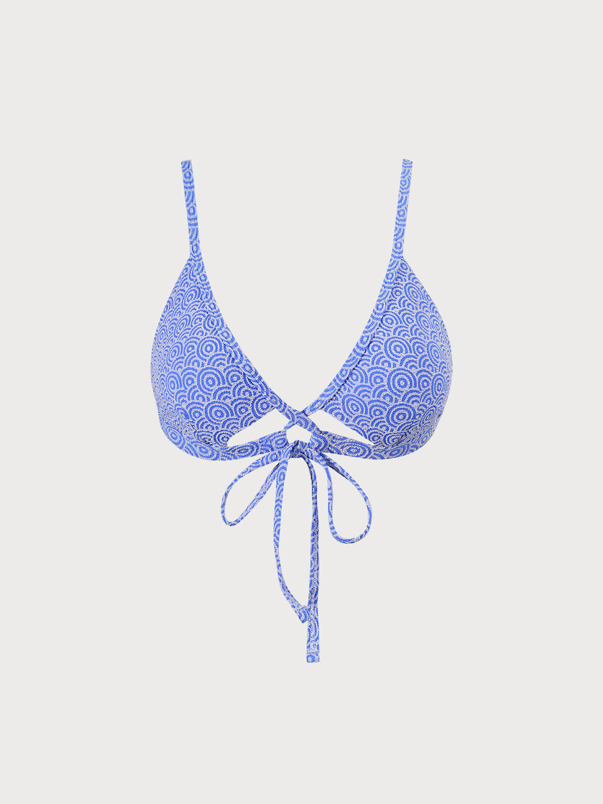 Blue Jacquard Tie Front Bikini Top