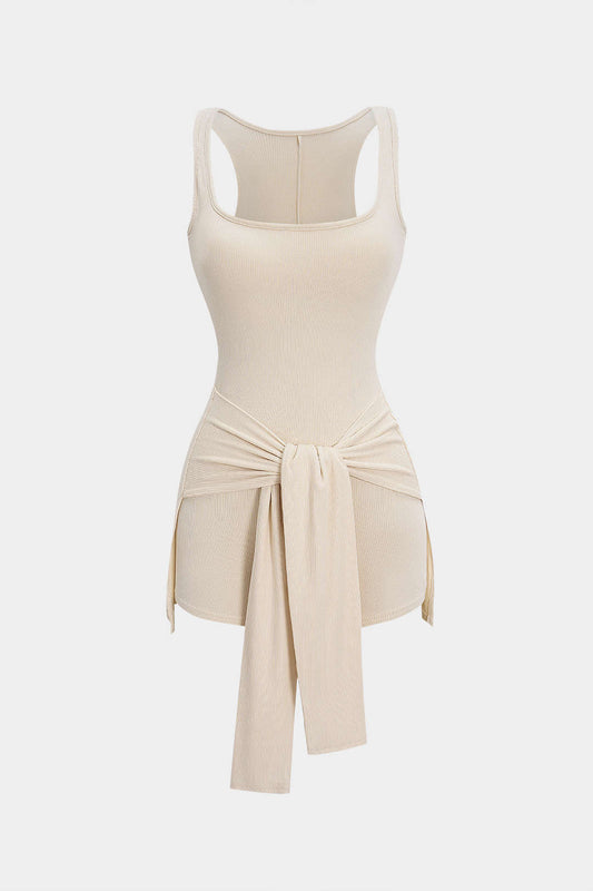 Ruched Tie-Up Square Neck Sleeveless Romper