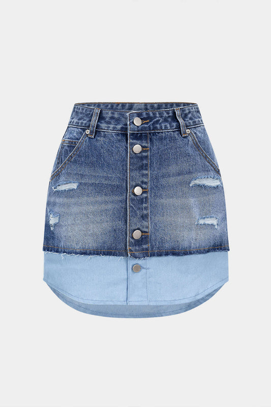 Denim Buttons Washed Ripped Patchwork Skirt
