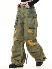 Vintage Faded Effect Cargo Jeans with Holes