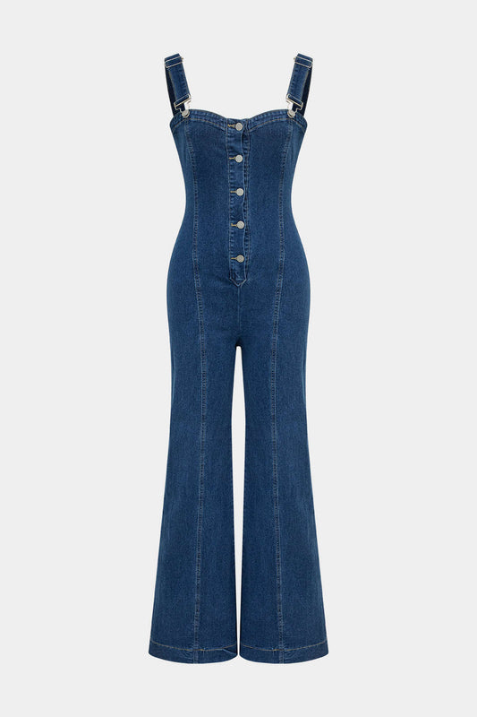 Denim Button Pocket Wide Leg Jumpsuit