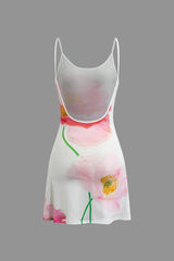 White Vintage Floral Print Backless Slip Mini Dress