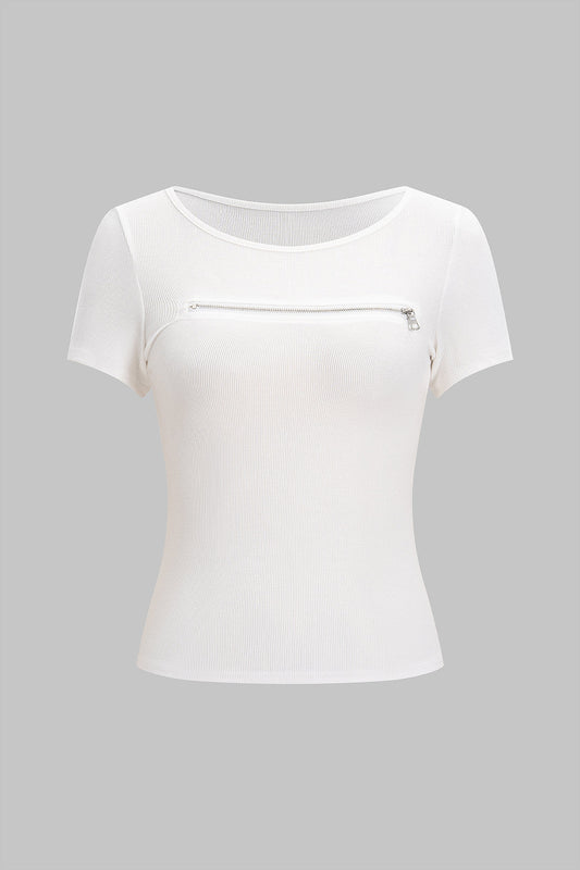 Ribbed Zipper Detail Short Sleeve T-Shirt