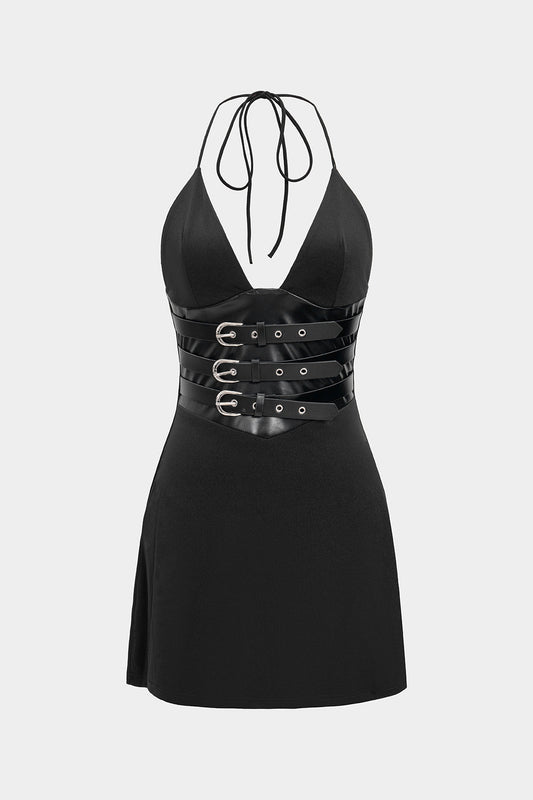 Halter Neck V-Neck Sleeveless Mini Dress