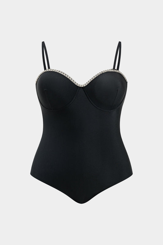 Plus Size Tummy Control Rhinestone Busiter Slip Swimsuit