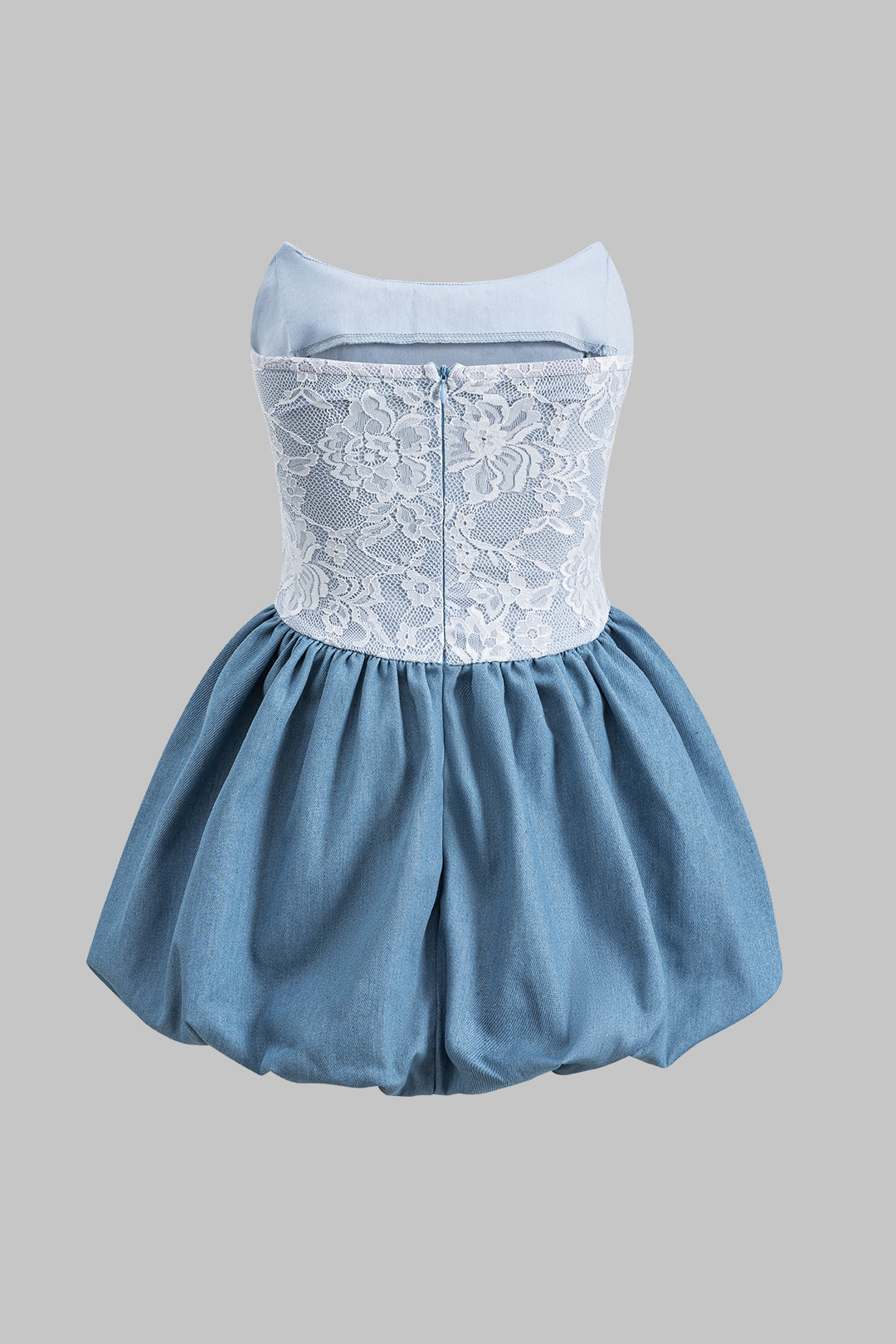 Denim Patchwork Puffed Strapless Sleeveless Mini Dress