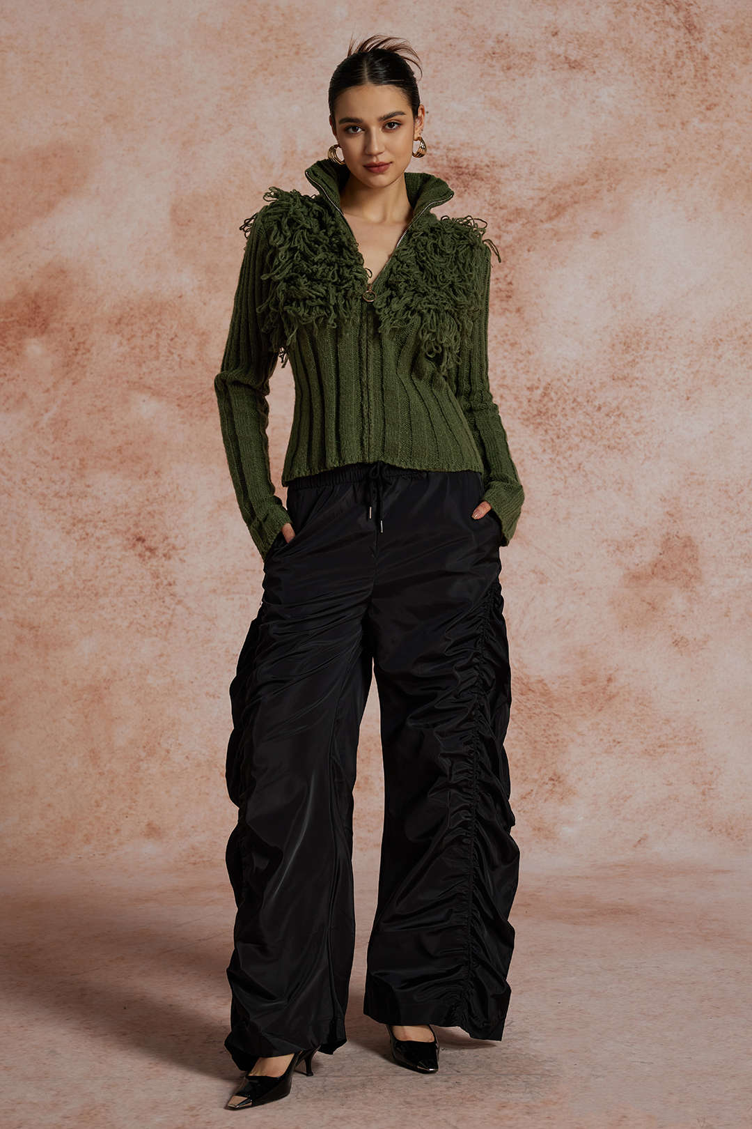 Solid Sweater Fringe Zipper Long-Sleeve Top