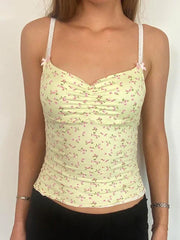 Yellow Y2K Ruched Crop Top with Floral Print