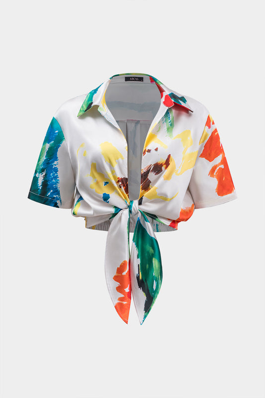 Satin Ruched Tie Front Short-Sleeve Shirt